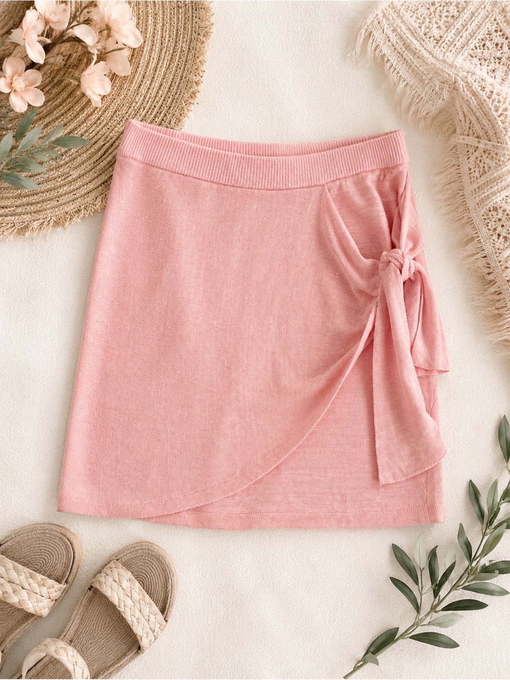 L*SPACE Vagabond Wrap Knit Mini Skirt Pink Linen Blend Tie Side NWT Medium